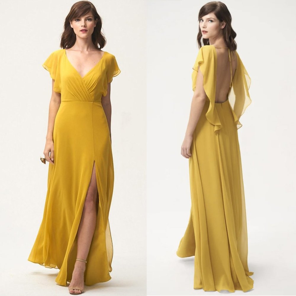 Jenny Yoo “Alanna” Chartreuse Chiffon Gown, Size 6